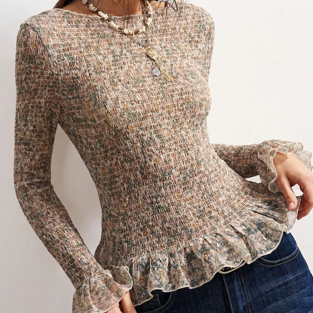 Yellow Casual Women's Printed Round Neck Long Sleeve Blouse - Picture 5 of 8